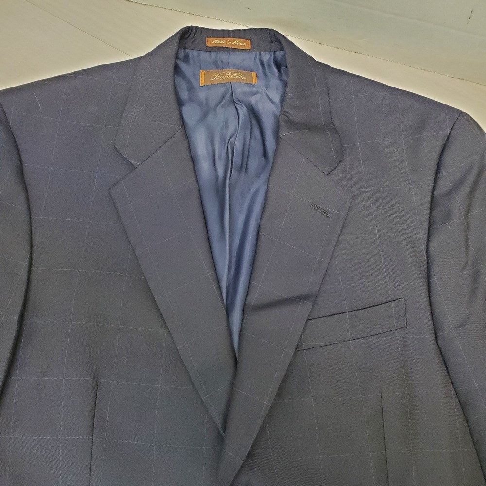 Tasso Elba Mens Navy Windowpane Vitale Barberis Canonico Wool Blzr 42R Old Money